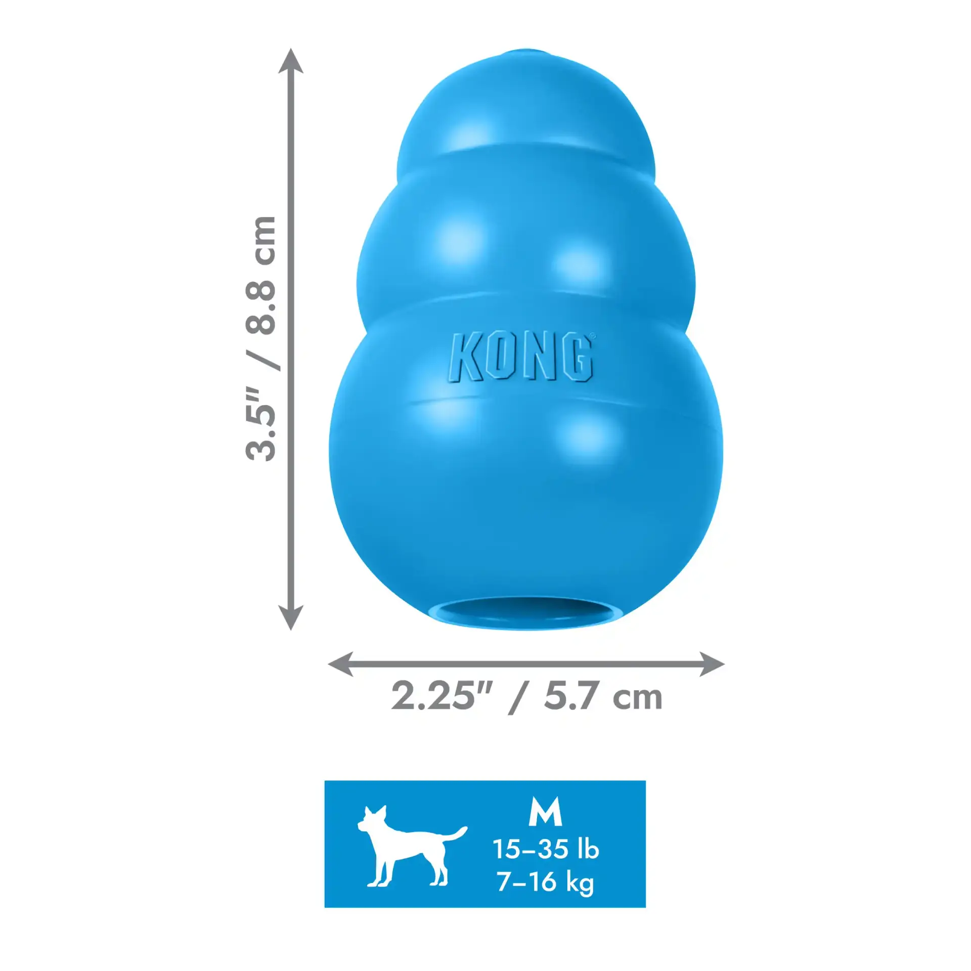 Blue KONG Puppy Medium toy with size measurements