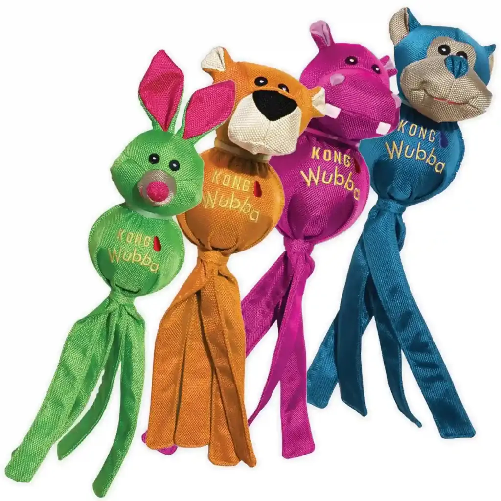 Group of KONG Wubba Ballistic Friends Tug Toys showing four assorted animal designs — rabbit, tiger, hippo, and monkey.