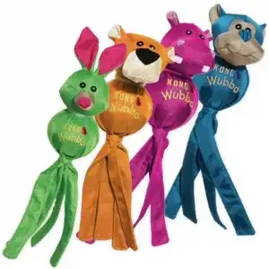 Group of KONG Wubba Ballistic Friends Tug Toys showing four assorted animal designs — rabbit, tiger, hippo, and monkey.