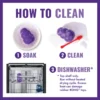kong-senior-how-to-clean Instructions showing how to clean a KONG Senior by soaking, scrubbing, or using dishwasher top shelf
