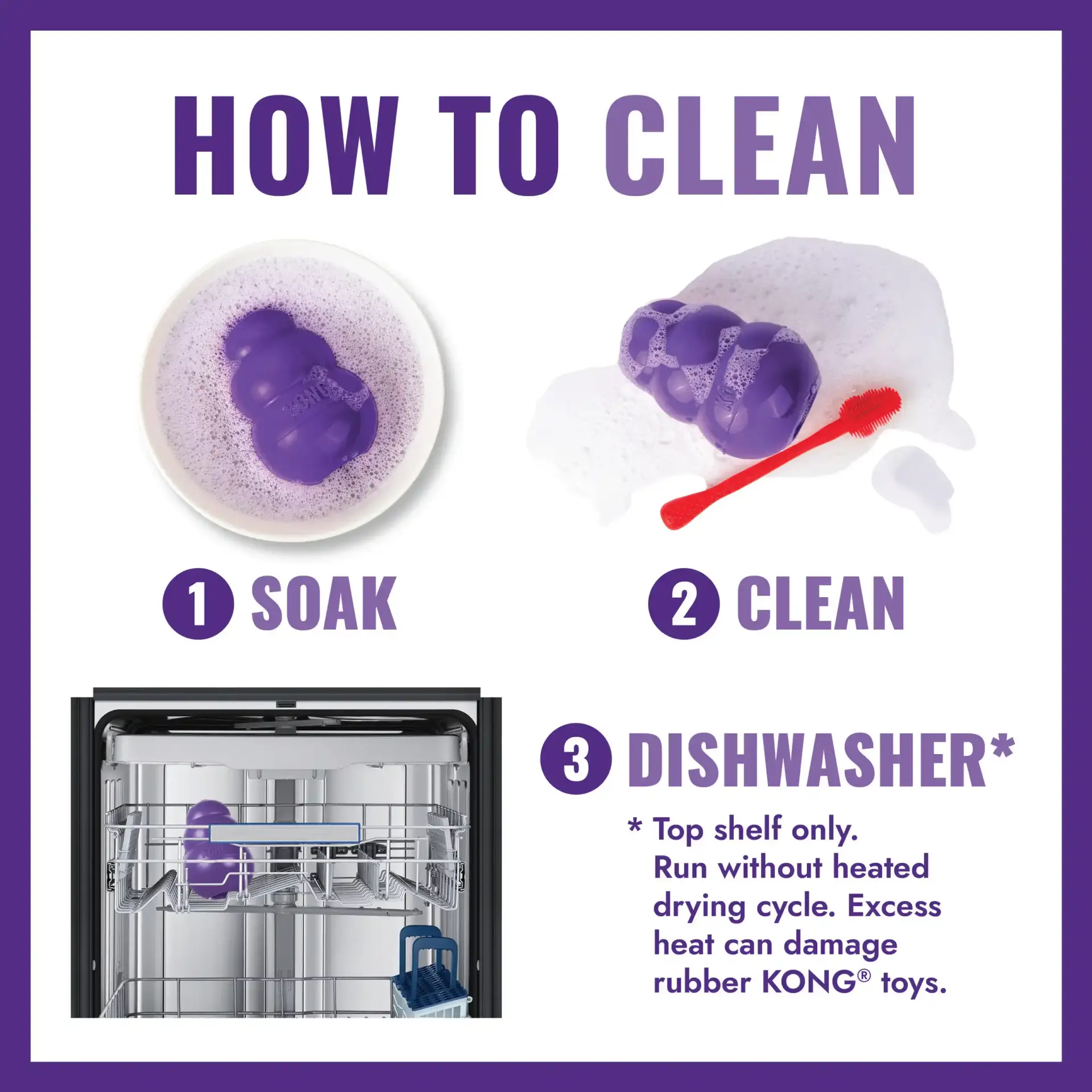 Instructions showing how to clean a KONG Senior by soaking, scrubbing, or using dishwasher top shelf