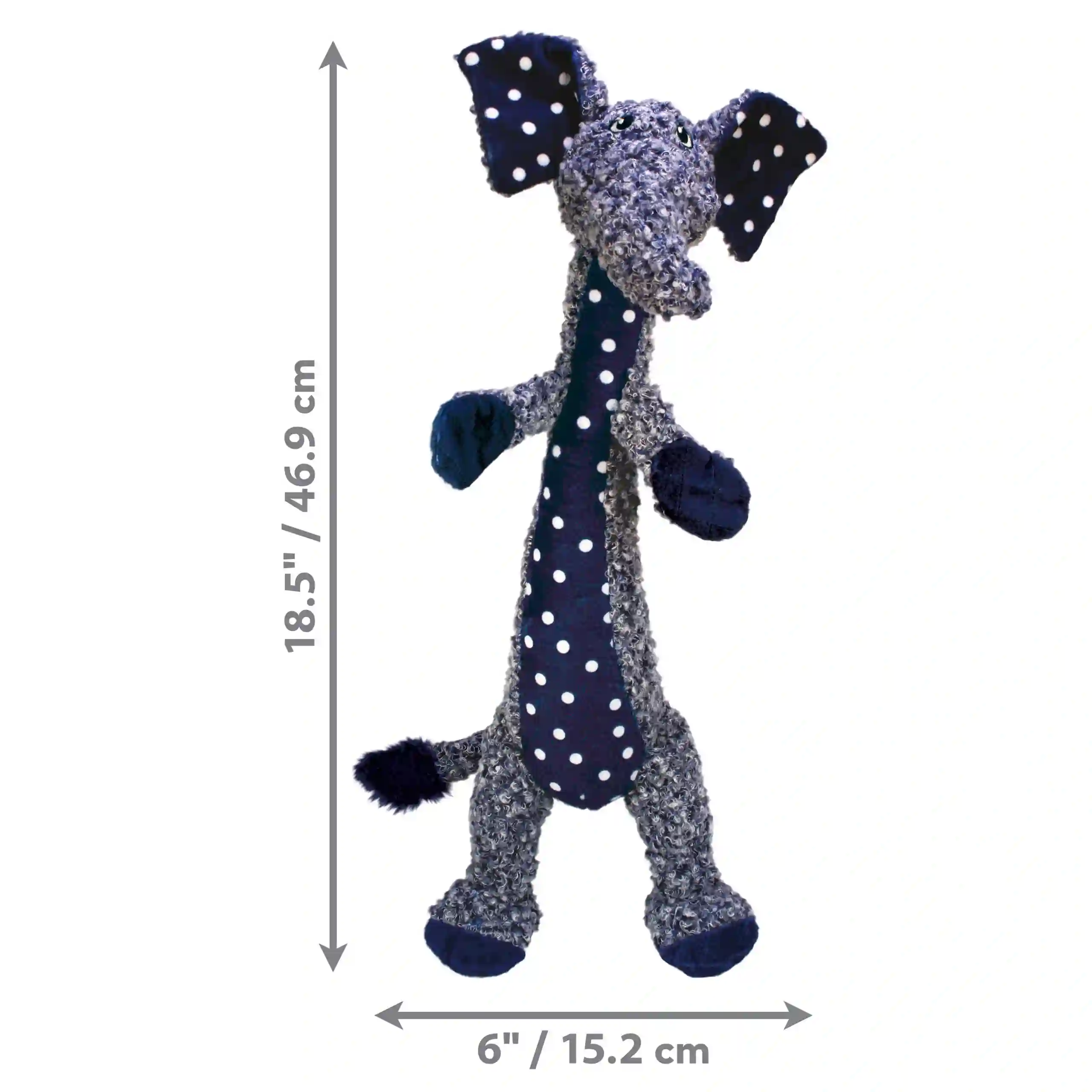 KONG Shakers Luvs Elephant Dog Toy showing 46.9 cm height and 15.2 cm width in size diagram.
