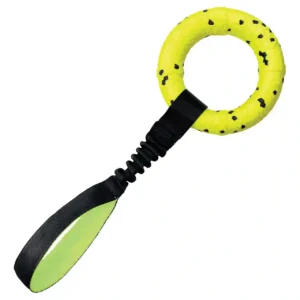 Close-up of KONG Reflex Tug Dog Toy showing durable yellow ring and elastic handle.
