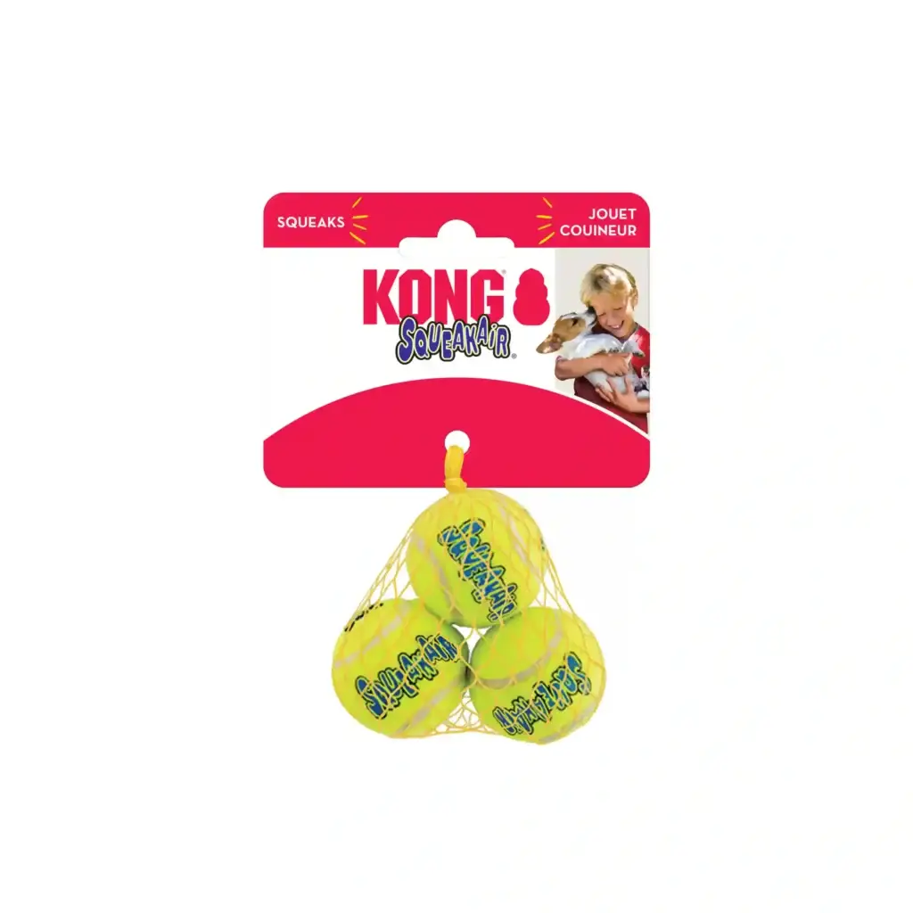 Pack of three KONG AirDog Squeaker Balls Extra Small in mesh packaging with red KONG label.