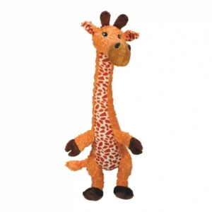 KONG Shakers Luvs Giraffe Dog Toy showing orange plush body and giraffe pattern with soft fabric texture.