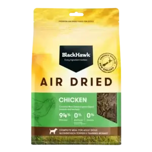 Front view of the BlackHawk Air Dried Chicken Dry Dog Food 2kg bag showing product branding, chicken protein highlights and packaging design.