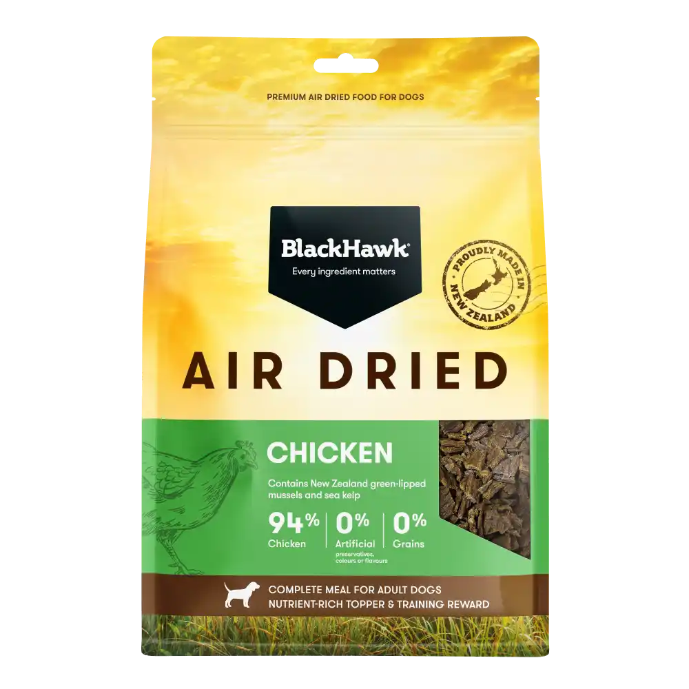 Front view of the BlackHawk Air Dried Chicken Dry Dog Food 2kg bag showing product branding, chicken protein highlights and packaging design.