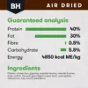 BlackHawk Air Dried Chicken Guaranteed Analysis Nutritional guaranteed analysis for BlackHawk Air Dried Chicken including protein, fat, fibre, carbohydrates and energy content.