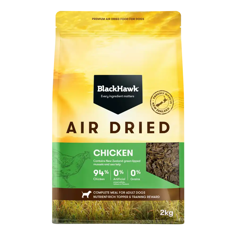 Front view of the BlackHawk Air Dried Chicken 2kg dog food bag showing product branding, chicken formula details, and ingredient window.