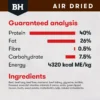 Black Hawk Air Dried Beef & Mackerel Guaranteed Analysis Nutritional analysis panel for Black Hawk Air Dried Beef and Mackerel, including protein, fat, and energy levels.