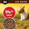 Black Hawk Air Dried Beef & Mackerel 94 Percent Meat Promotional image showing 94% meat content with dog running and bowl of beef and mackerel pieces.