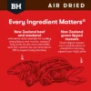 Every Ingredient Matters – Beef & Mackerel Ingredients highlight showing New Zealand beef, mackerel, and green lipped mussels in Black Hawk Air Dried dog food.