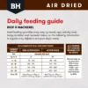 Black Hawk Air Dried Beef & Mackerel Daily Feeding Guide Feeding guide chart for Black Hawk Air Dried Beef and Mackerel for adult dogs of various sizes.