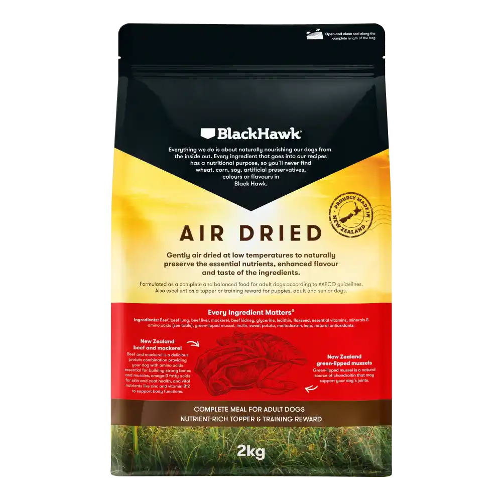 Back view of the Black Hawk Air Dried Beef and Mackerel dry dog food 2kg bag, displaying nutritional information, ingredients, and feeding guide.