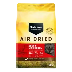 Front view of the Black Hawk Air Dried Beef and Mackerel dry dog food 2kg bag, showing product branding, 94% meat content, and packaging design.