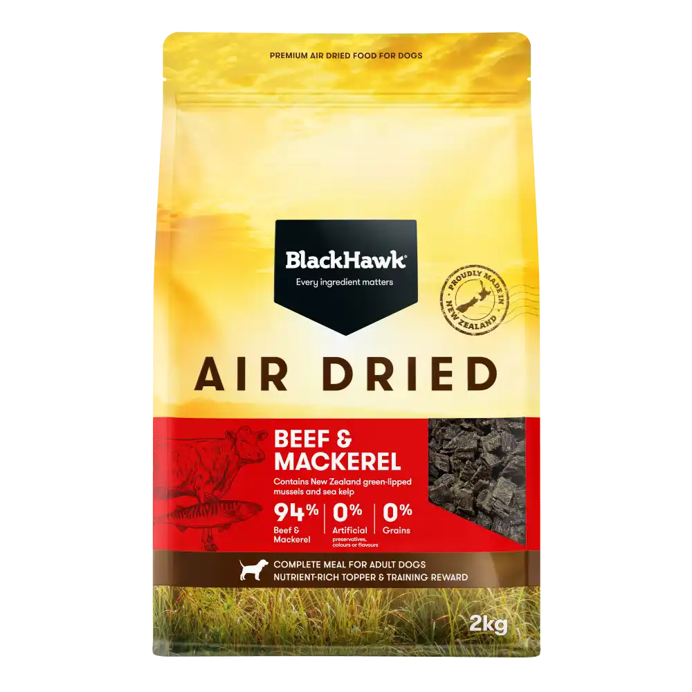 Front view of the Black Hawk Air Dried Beef and Mackerel dry dog food 2kg bag, showing product branding, 94% meat content, and packaging design.