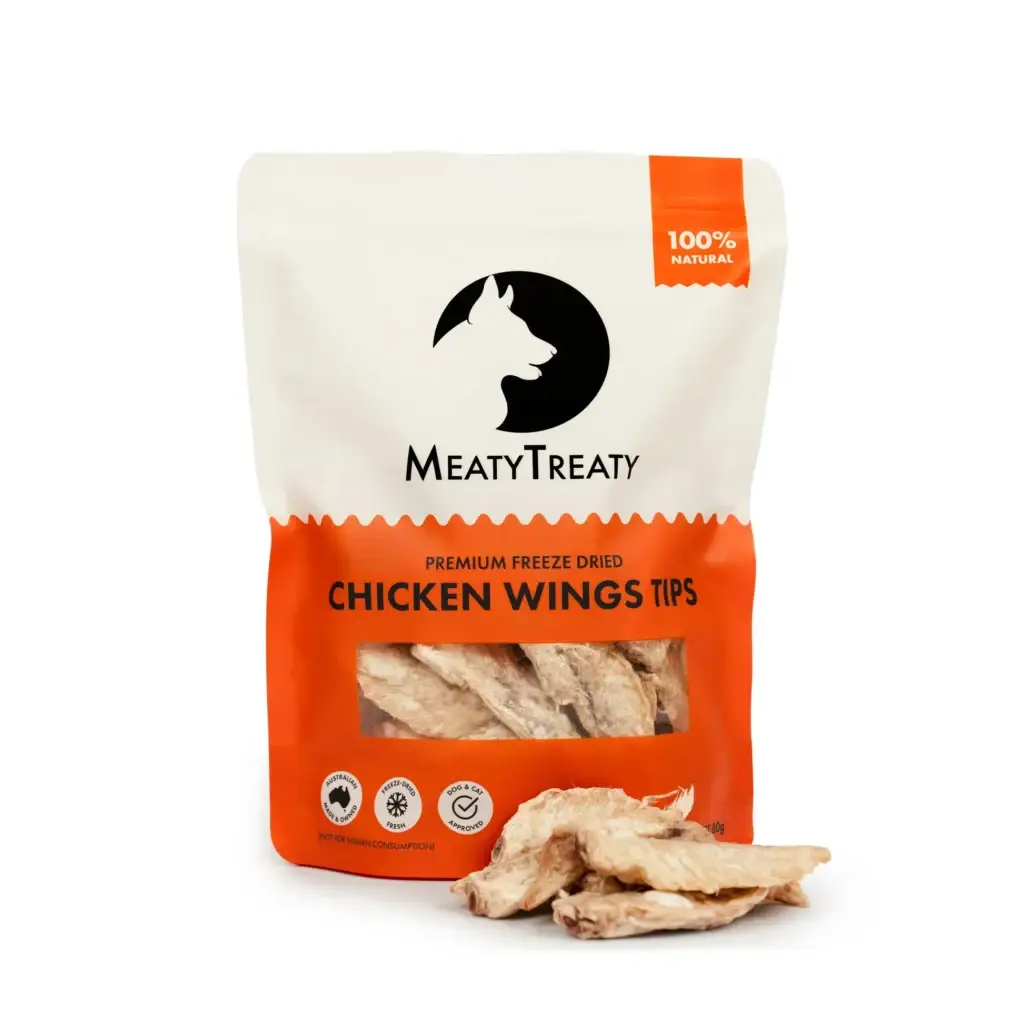 Bag of freeze-dried chicken wing tips with visible pieces in front.