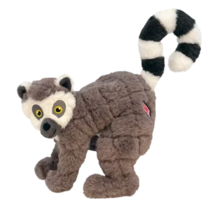 KONG Scampers Lemur Dog Toy featuring grey plush fur and striped black-and-white tail.