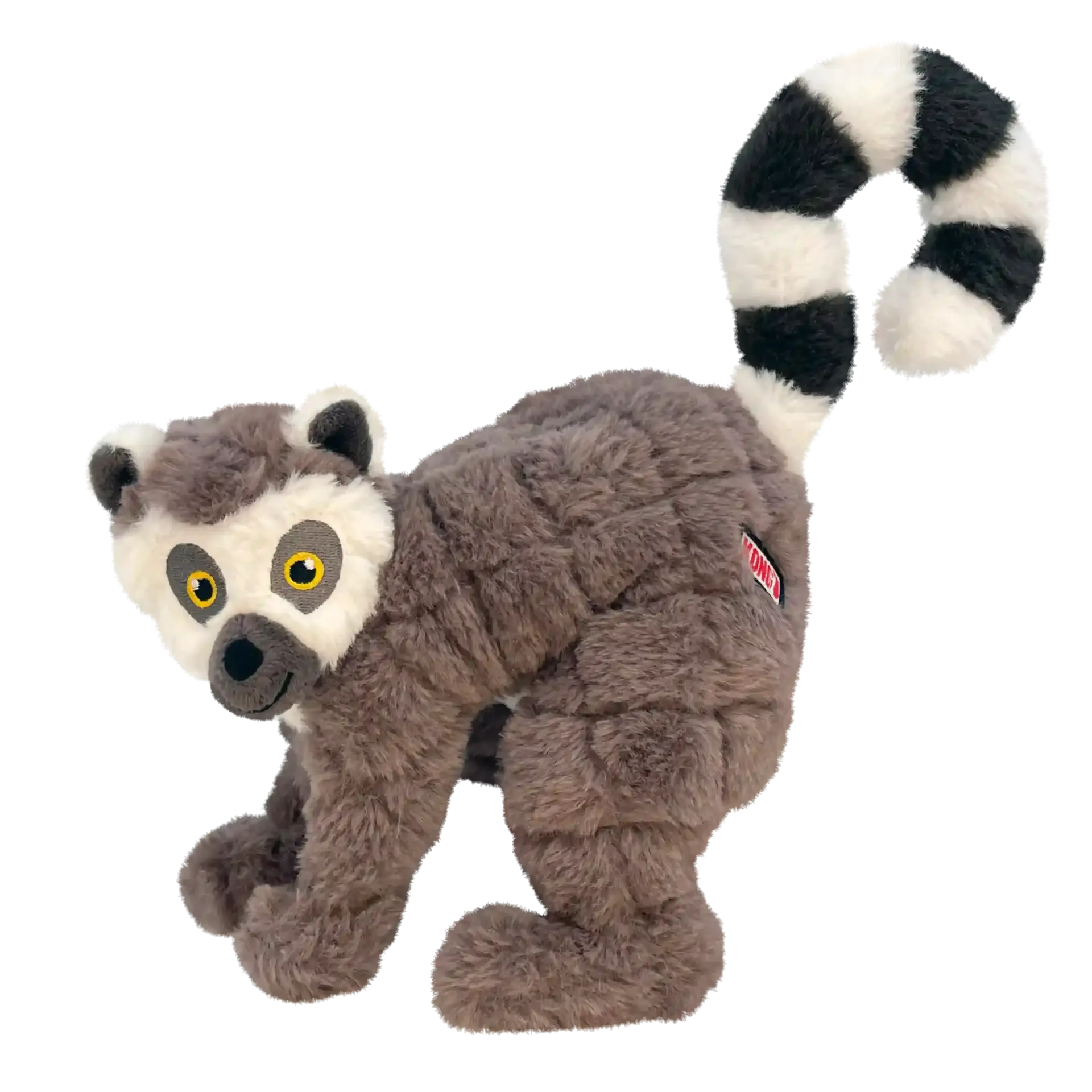 KONG Scampers Lemur Dog Toy featuring grey plush fur and striped black-and-white tail.