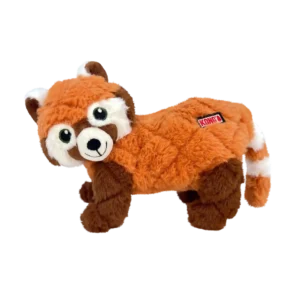 KONG Scampers Red Panda Dog Toy featuring soft red and brown plush fur with white tail stripes.