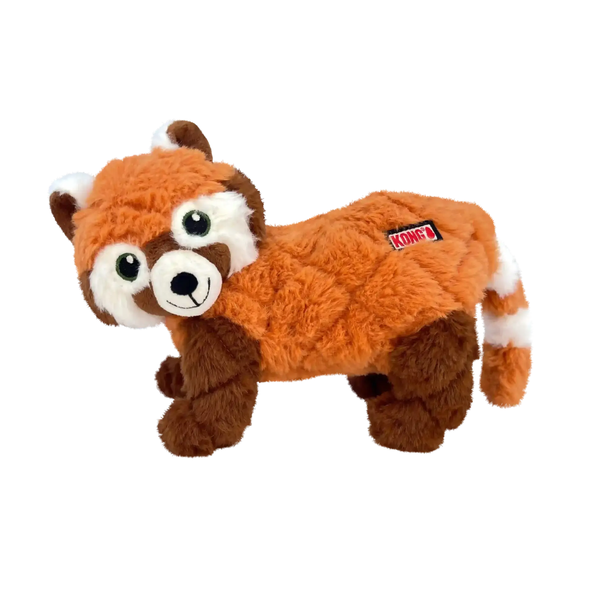 KONG Scampers Red Panda Dog Toy featuring soft red and brown plush fur with white tail stripes.