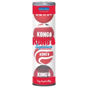 KONG Signature Balls Assorted Medium in clear packaging tube showing four red high-bounce dog balls