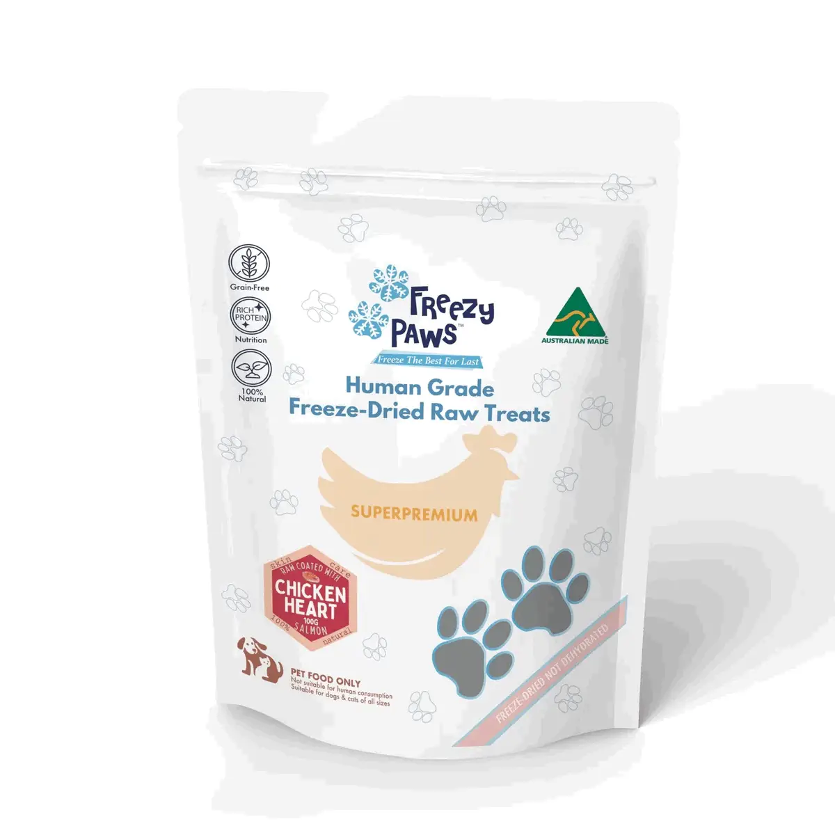 Freezy Paws freeze-dried Chicken Heart & Salmon Dog Treats in retail packaging.