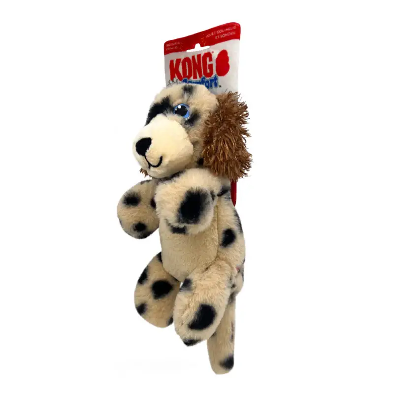 Side angle view of KONG Comfort Pups Spot Medium plush toy