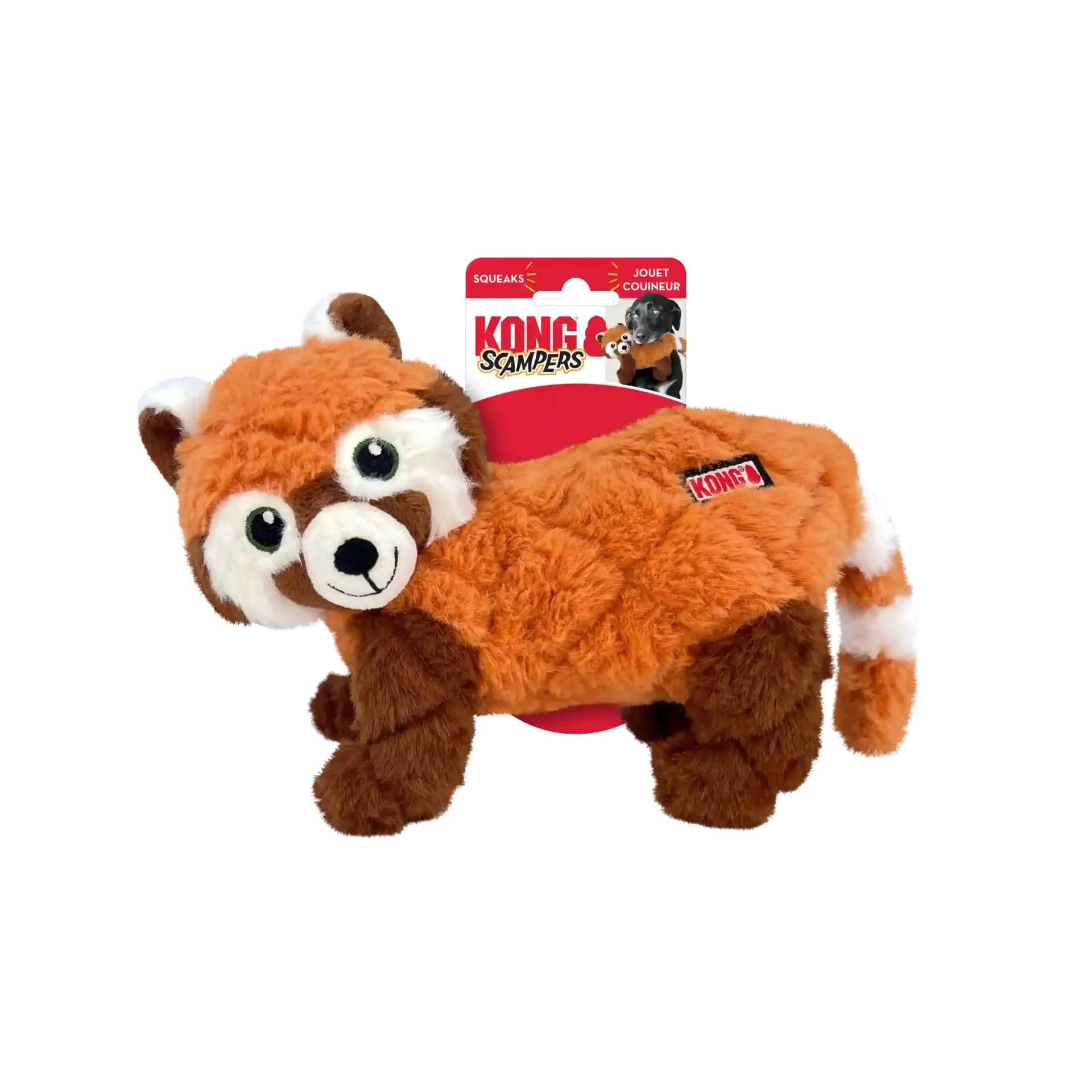 KONG Scampers Red Panda Dog Toy in retail packaging showing plush design and KONG logo tag.