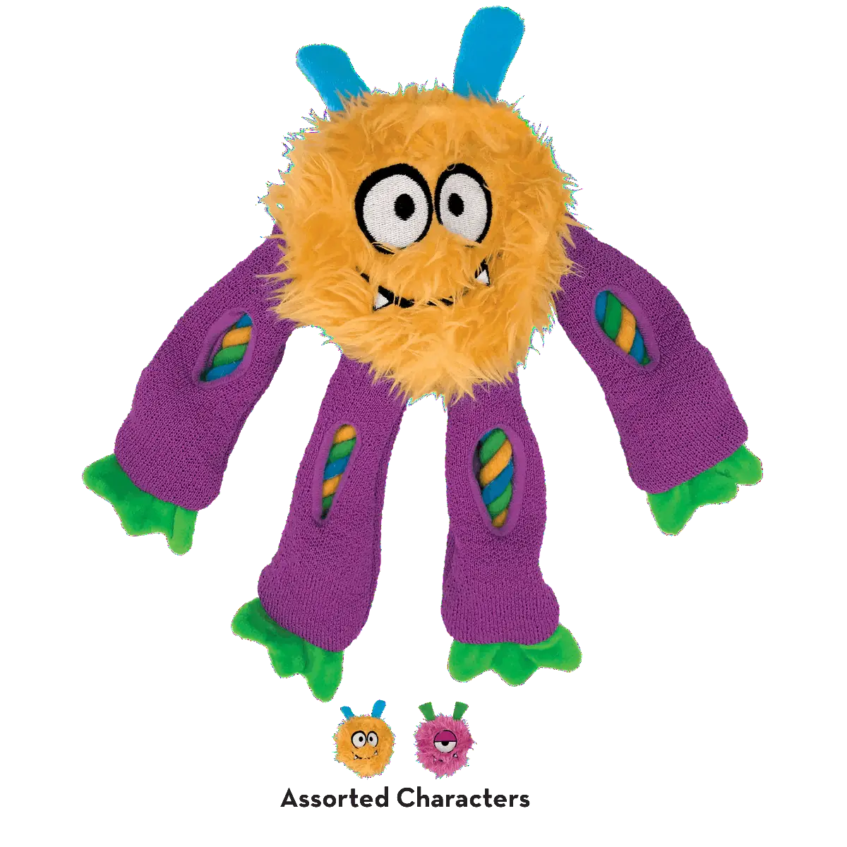 KONG Sneakerz Knots Dog Toy in yellow with purple limbs and knotted rope inserts.