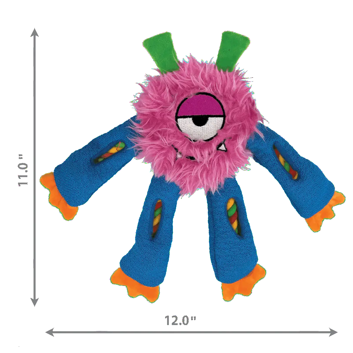 Pink KONG Sneakerz Knots Dog Toy with blue limbs showing size measurements.