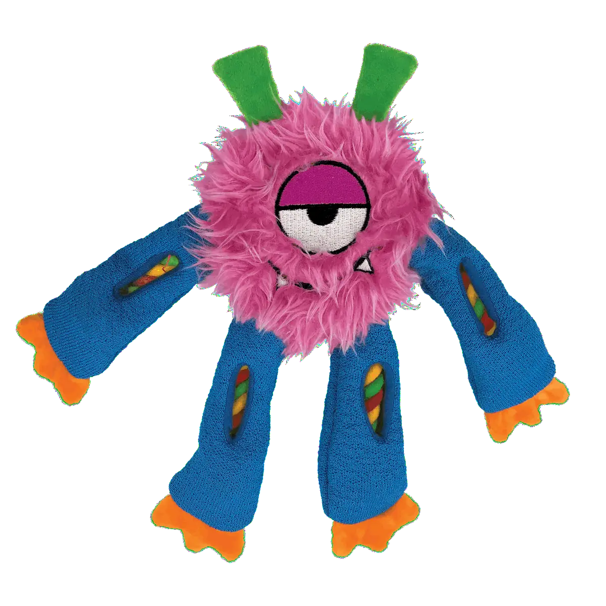 KONG Sneakerz Knots Dog Toy in pink with one eye and green ears.