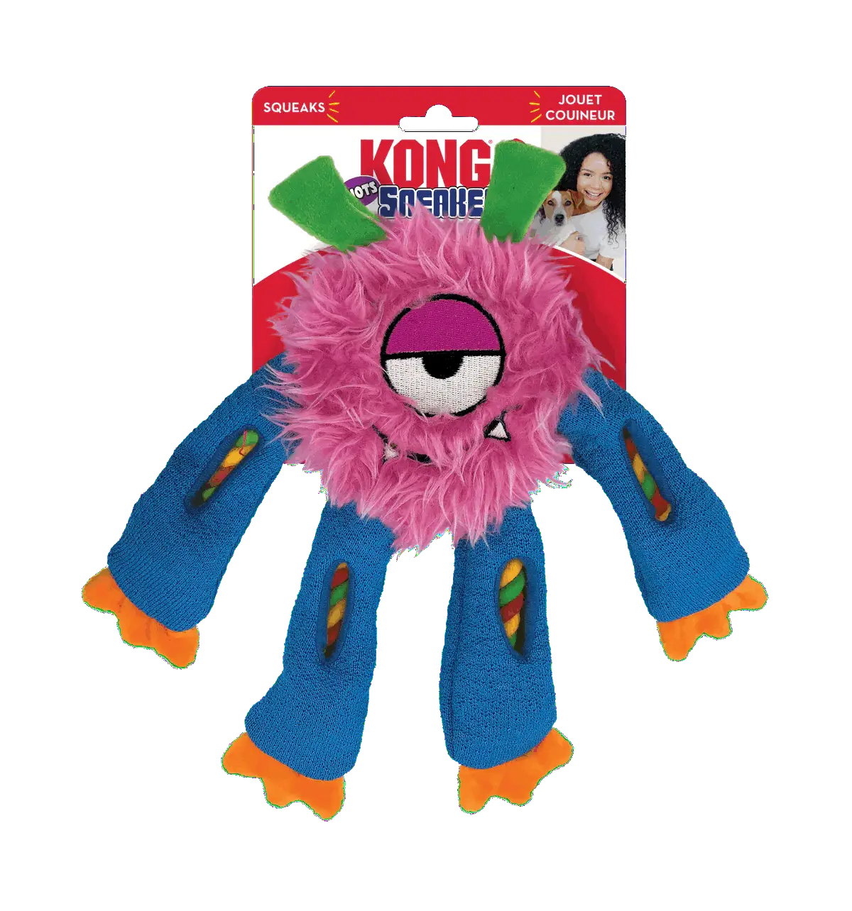 KONG Sneakerz Knots Dog Toy in retail packaging featuring pink monster with blue limbs.