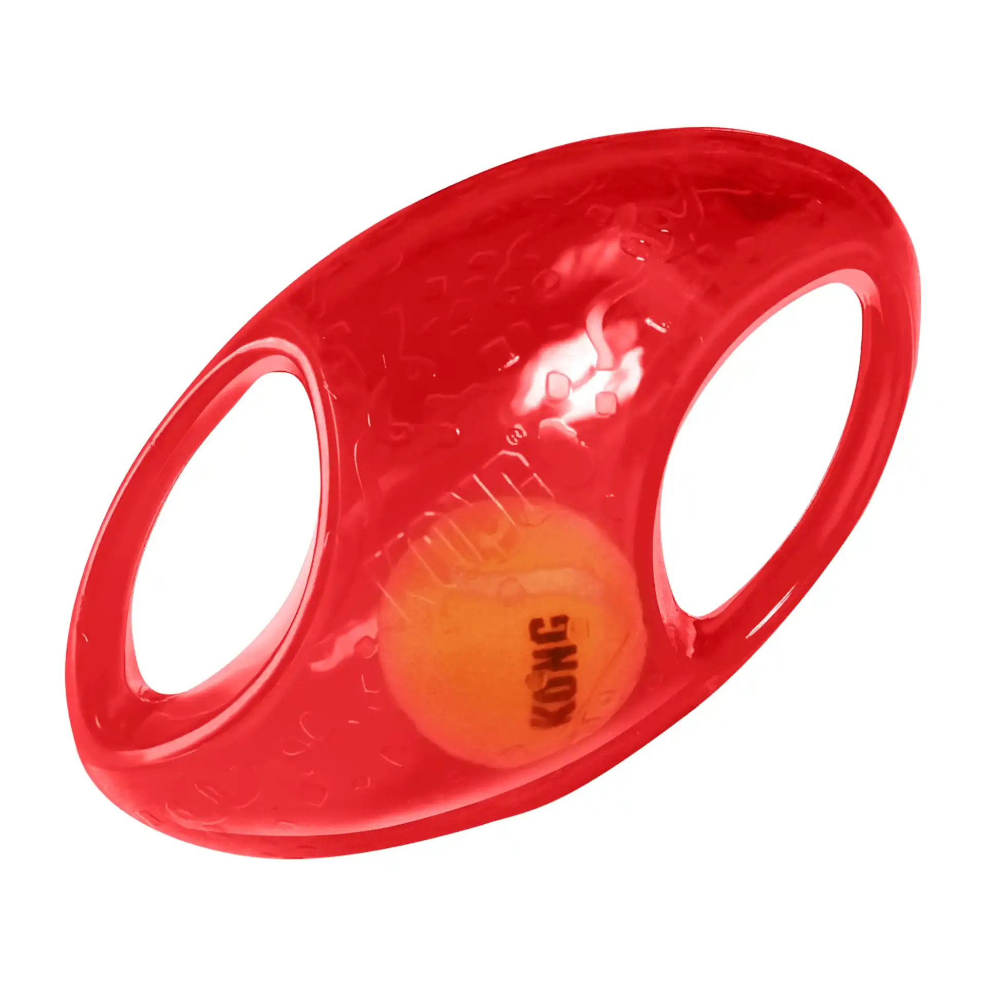 Red KONG Jumbler Football with internal tennis ball visible.