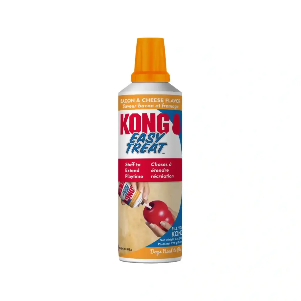 KONG Easy Treat Bacon & Cheese Dog Paste in 226g can with orange cap and red label.