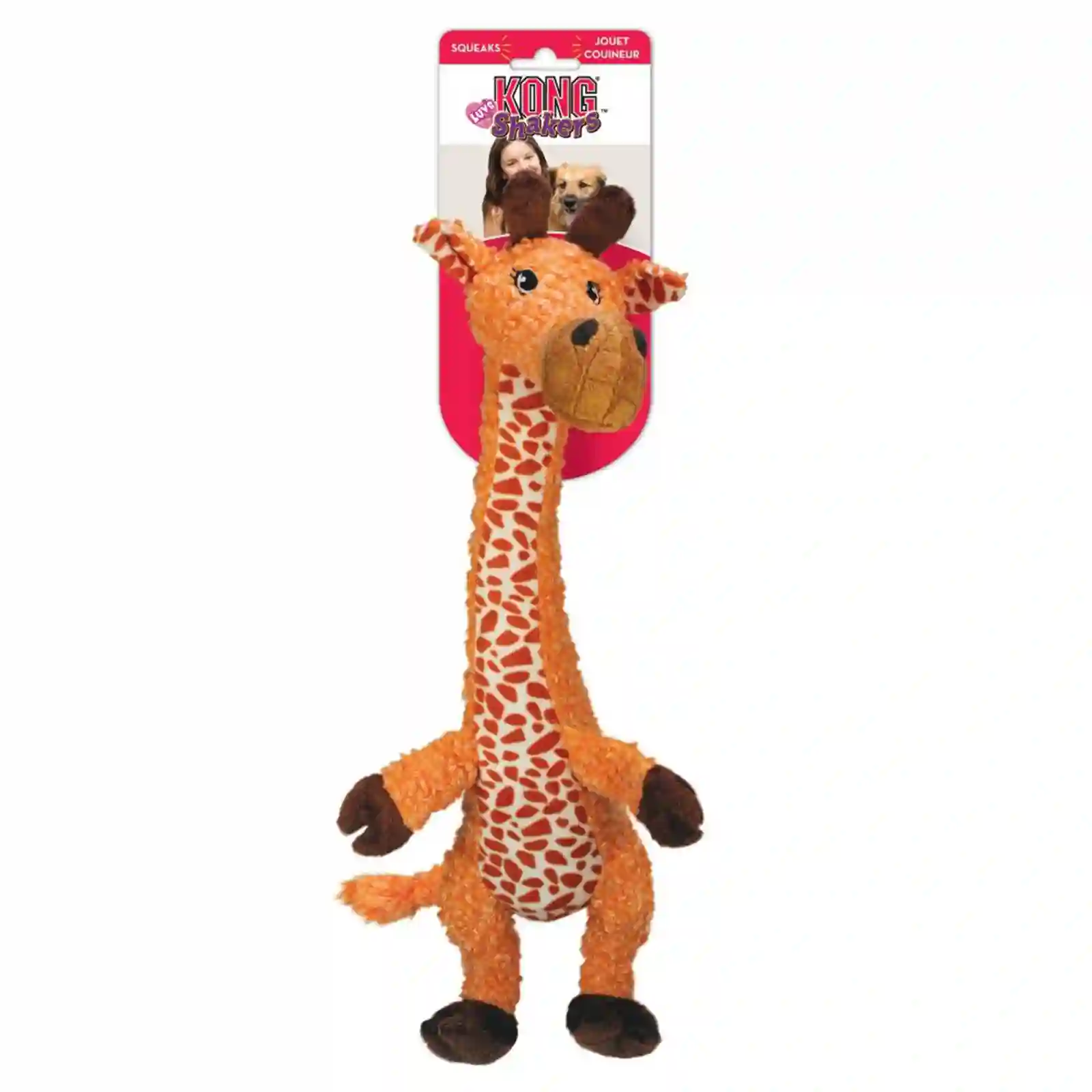 KONG Shakers Luvs Giraffe Dog Toy in packaging featuring bright orange giraffe plush with long neck.