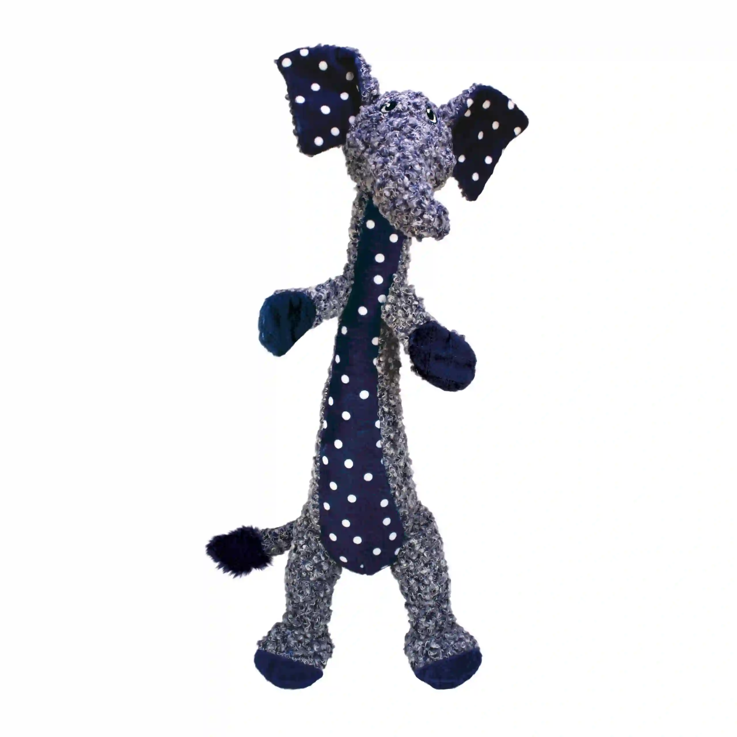Plush KONG Shakers Luvs Elephant Dog Toy featuring soft grey fur and navy polka-dot fabric.