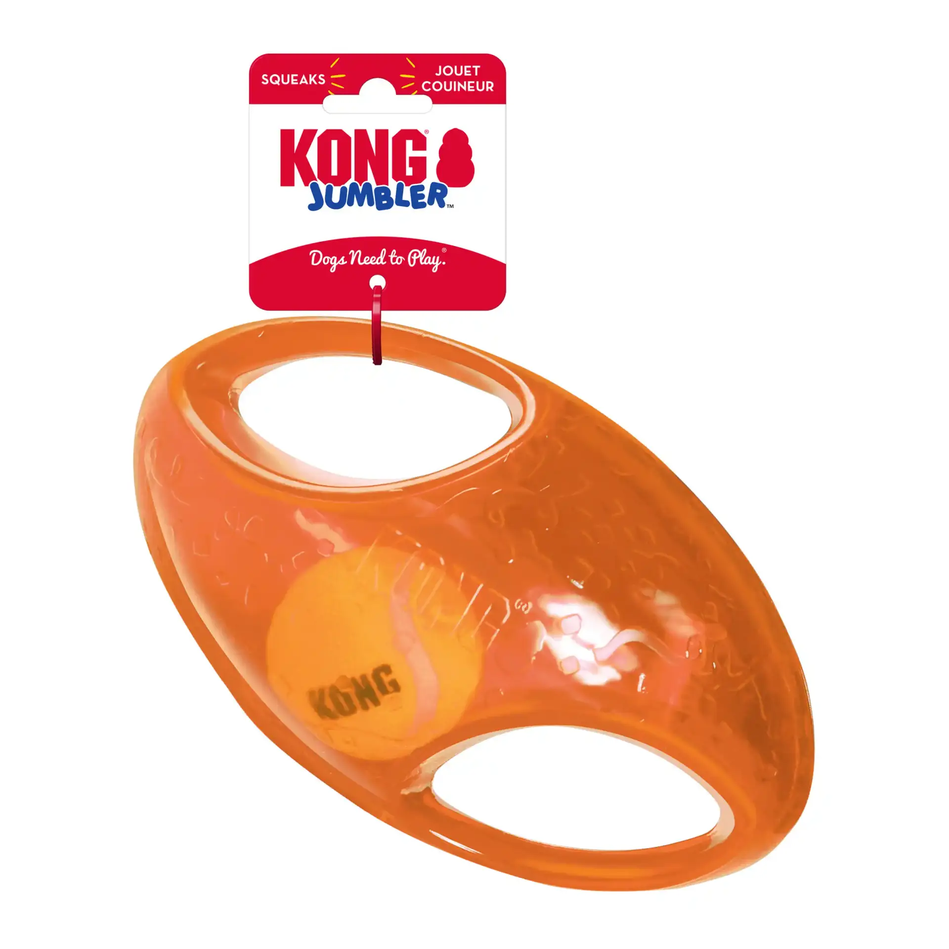Orange KONG Jumbler Football with product tag attached.