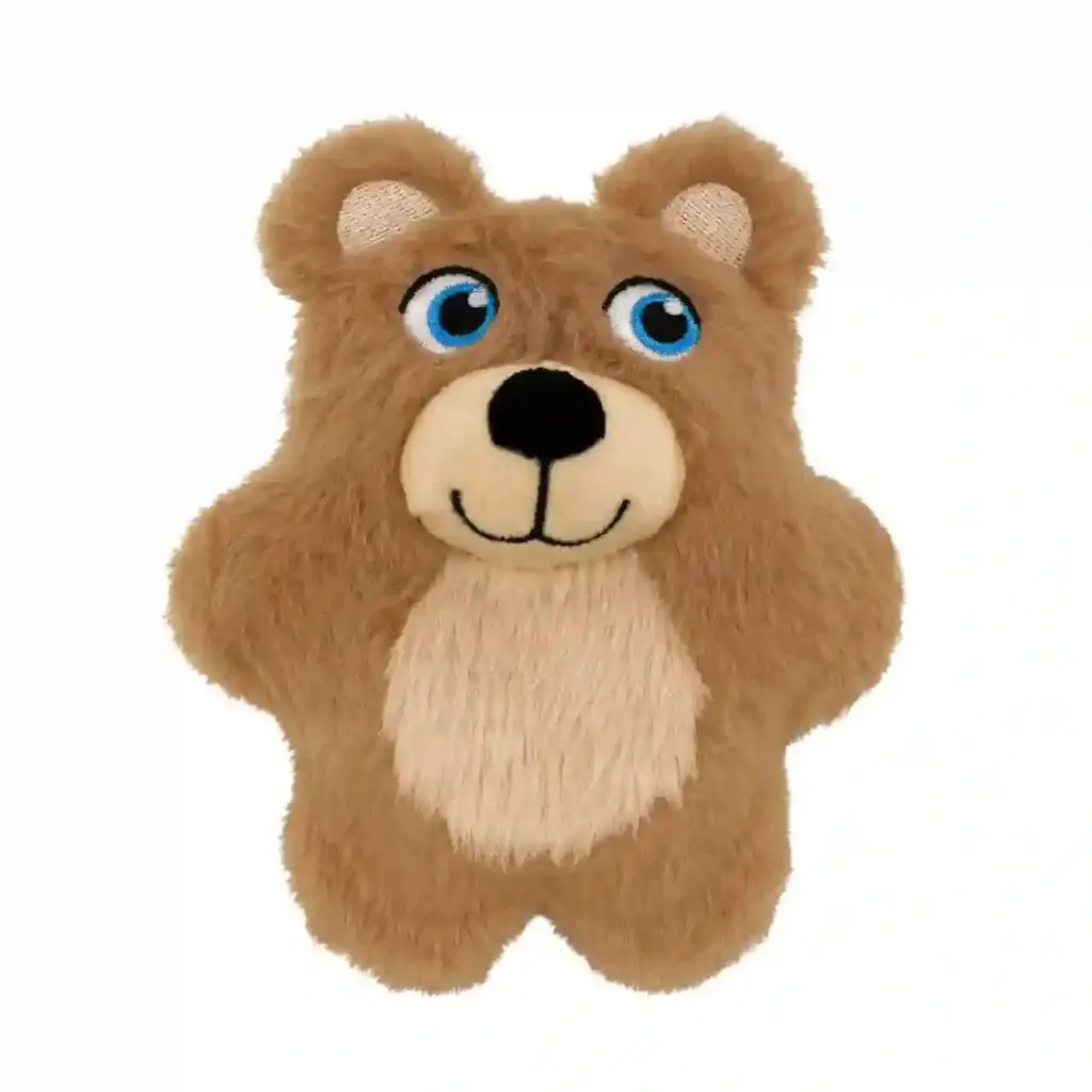 KONG Snuzzles Kiddos Teddy Bear Dog Toy front view showing brown plush design with embroidered eyes and smiling face