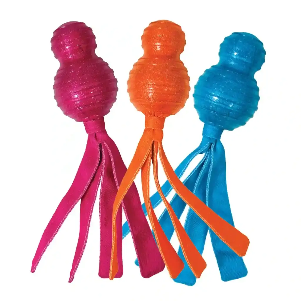 KONG Wubba Comet Tug Toy shown in blue, orange, and pink assorted colours.