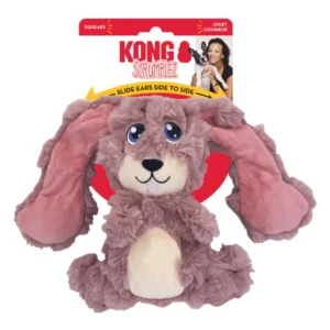 KONG Scrumplez Bunny Dog Toy in red KONG packaging featuring soft brown plush with long floppy ears