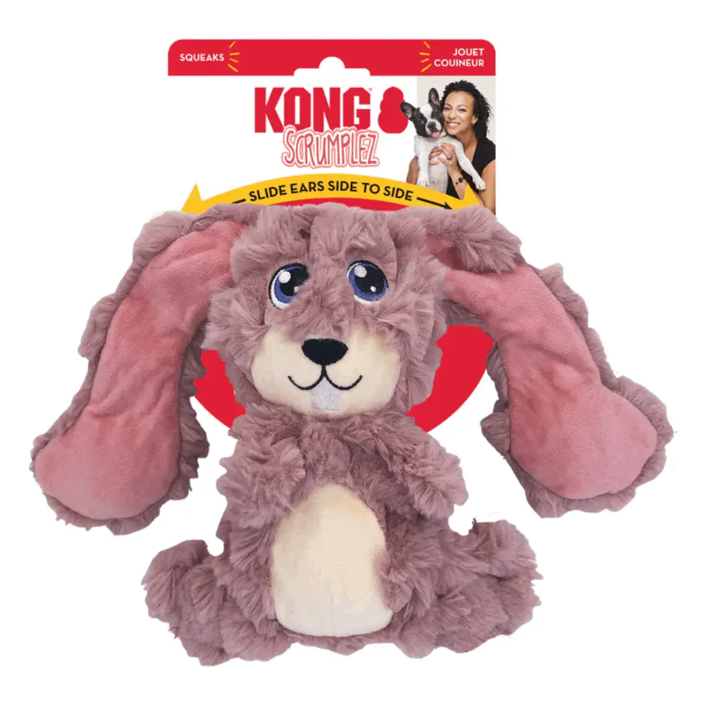 KONG Scrumplez Bunny Dog Toy in red KONG packaging featuring soft brown plush with long floppy ears