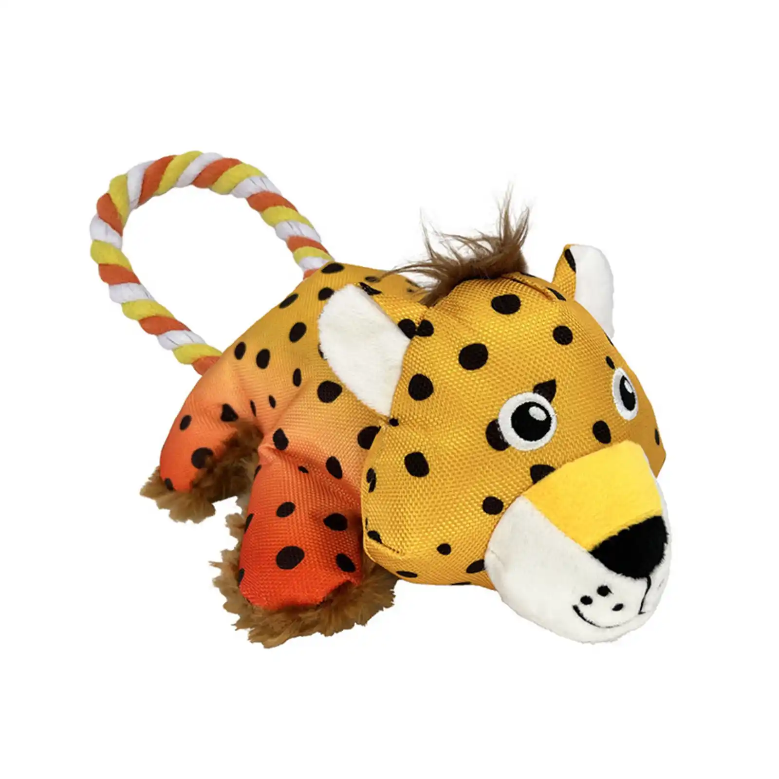 Side angle view of the KONG Cozie Tuggz Cheetah plush dog toy