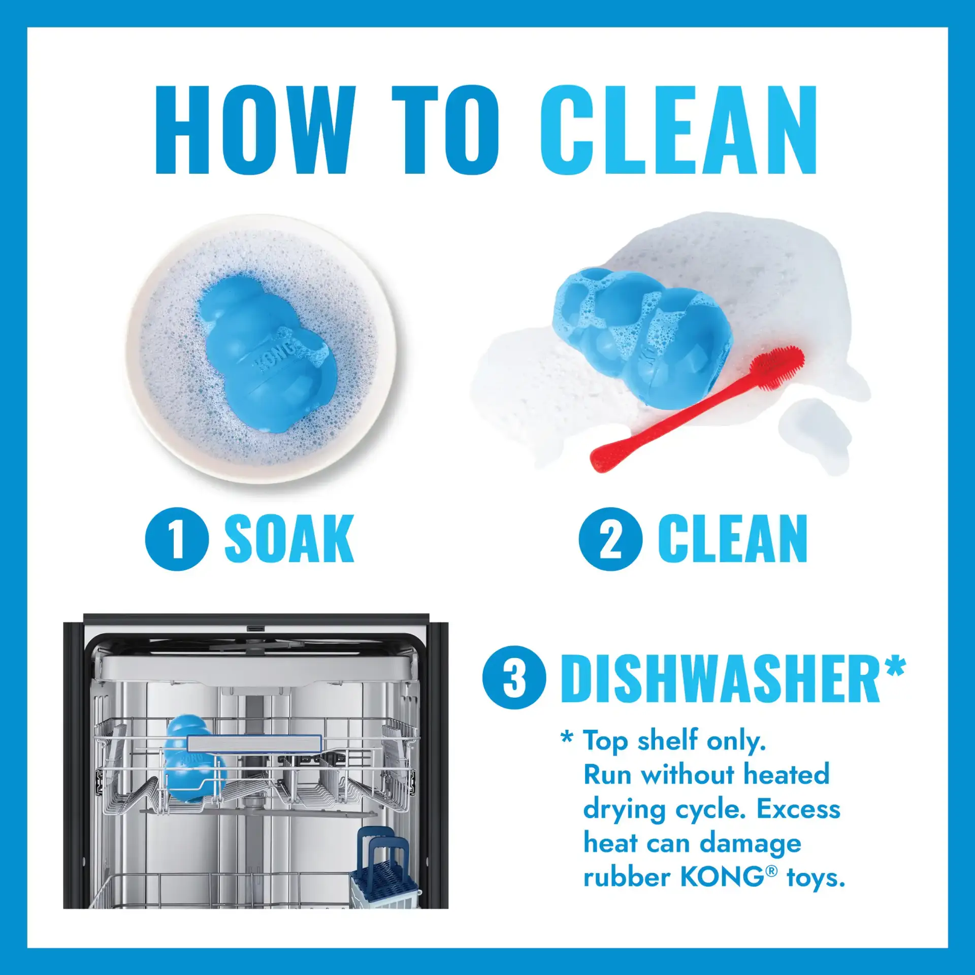 Instructions showing how to clean a KONG Puppy toy