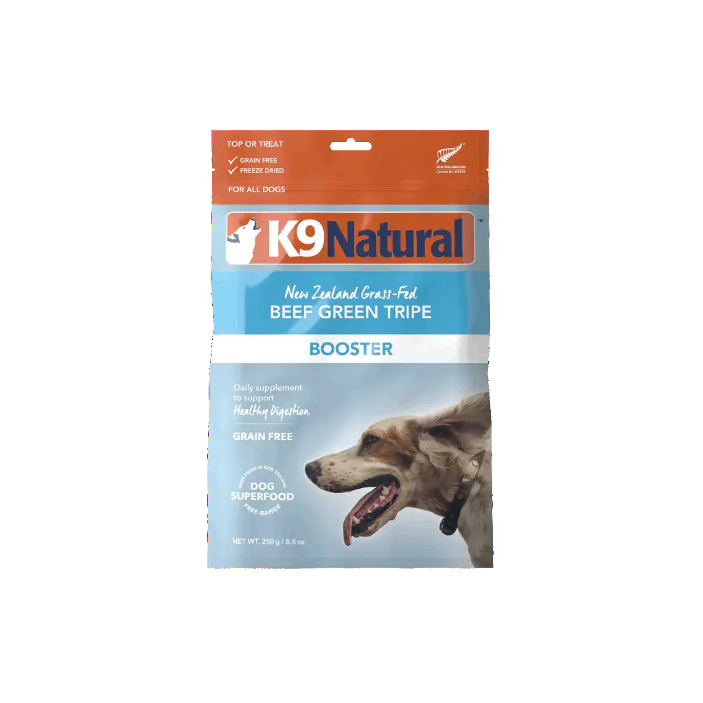 Front of K9 Natural Beef Green Tripe Booster Freeze-Dried Dog Food 250 g bag