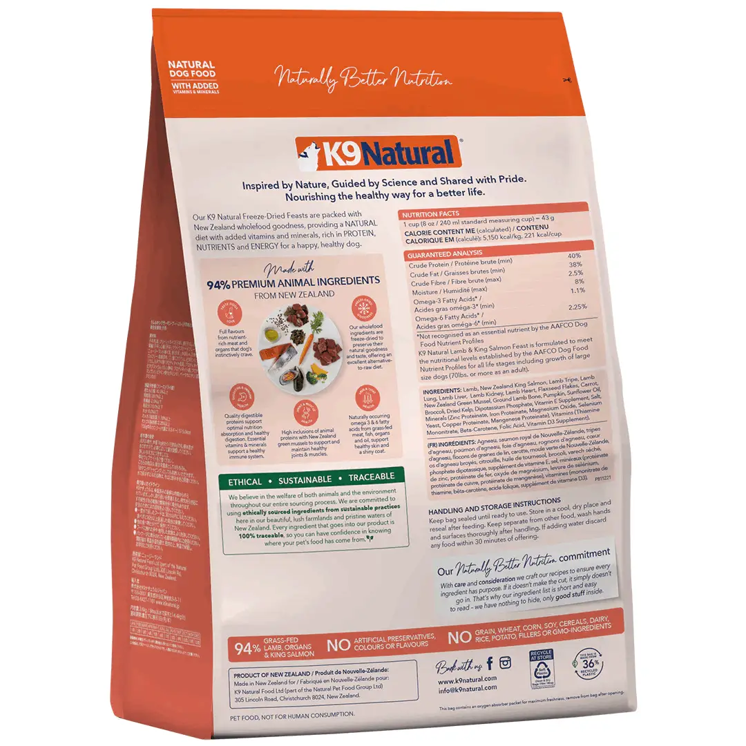 Back of K9 Natural Lamb & King Salmon Feast Freeze-Dried Dog Food 3.6 kg bag showing nutrition facts and feeding guide