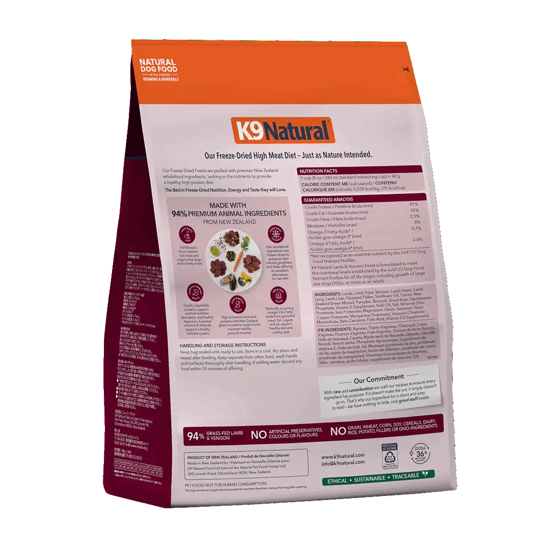 Back of K9 Natural Lamb & Venison Feast Freeze-Dried Dog Food 1.8 kg bag showing ingredients & feeding guide