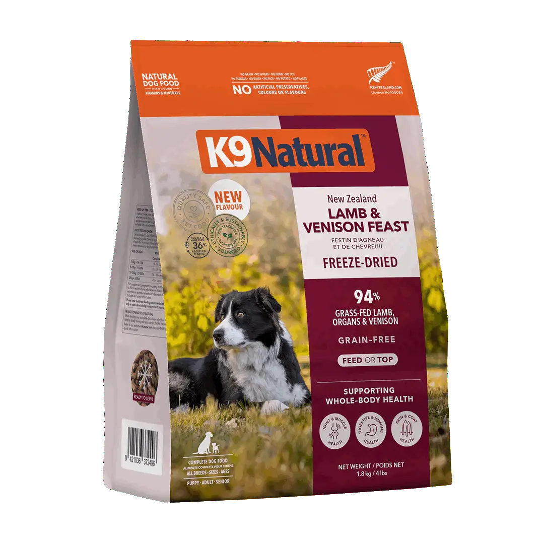 Front of K9 Natural Lamb & Venison Feast Freeze-Dried Dog Food 1.8 kg bag