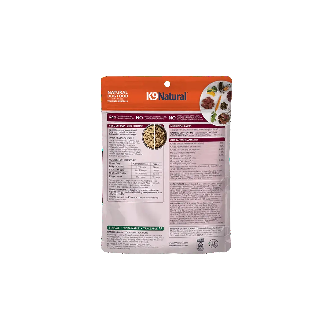 Back of K9 Natural Lamb & Venison Feast Freeze-Dried Dog Food 100g bag showing product information and barcode