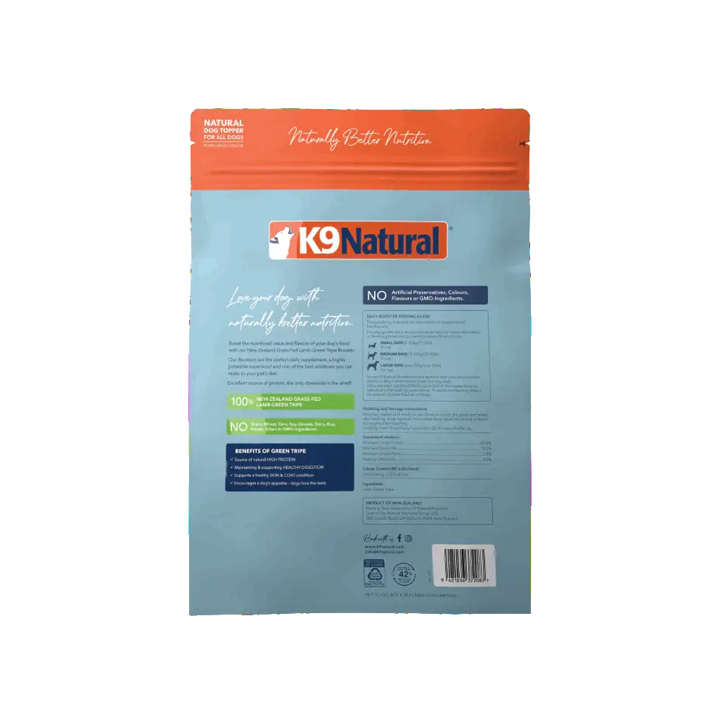 Back of K9 Natural Lamb Green Tripe Booster Freeze-Dried Dog Food 700 g bag showing ingredients and feeding guide